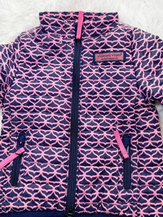 Quilted Baby Puffer Jacket 0-3M Pink Navy Lightweight Coat Vineyard Vines - Picture 2 of 11